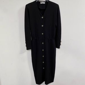 St John Knit Black Gold Long Sleeve Button Up Cardigan Midi Dress 8 Medium M USA